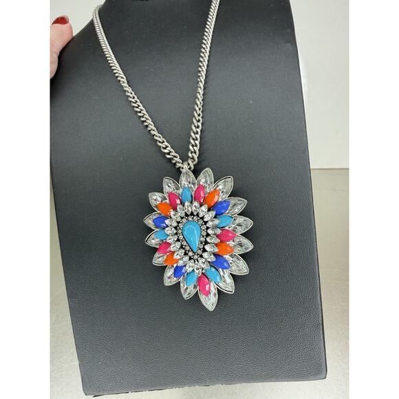 Rhinestone Star Burst BLING STATEMENT Necklace Colorful Blue Pink - Picture 2 of 3